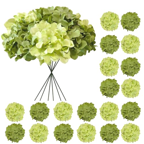 Cherica Hydrangea Artificial Flowers 20 Pcs Green Hydrangea Artificial Flowers Bulk Faux Hydrangea Flowers for Outdoor Fake Silk Hydrangea Flowers with Stems for Wedding Decoration Decor