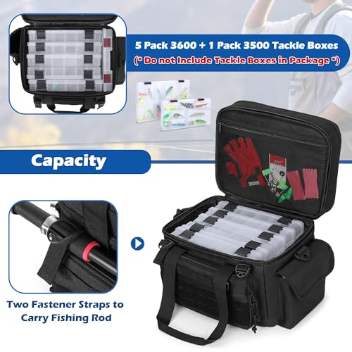 DSLEAF-Fishing-Tackle-Bag-for-35003600-Boxes-Soft-Waterproof-Bottom-with-Rod-Holder-Straps-for-Saltwater-or-Freshwater-Fishing