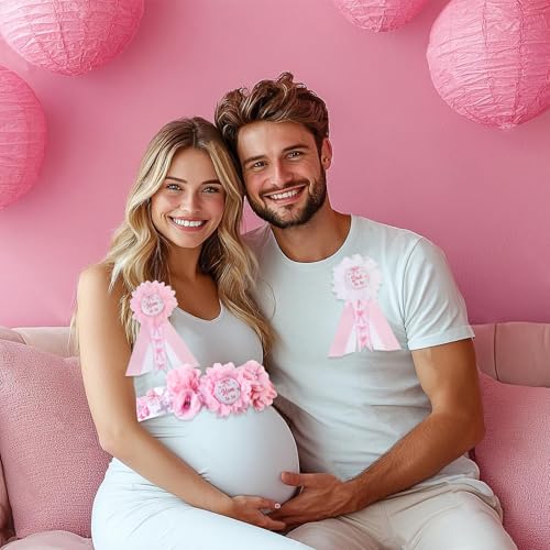 Image of Pink Bow Gender Reveal Maternity Sash Kit, Pink Baby Shower Belly Belt and Mom to Be Dad to Be Corsage Pins, New Parent Pregnancy Announcement Photo Props Party Supplies