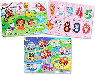 Wooden Puzzles Farm Animals Jigsaws puzzle Toys for Kids 3 4 5 Year Old,Wooden Toy Peg Puzzle,3 Pack Traffic & Numbers Puzzle, Early Education Games Gifts,Toddler Toys for Ages 3+ Girls Boys.