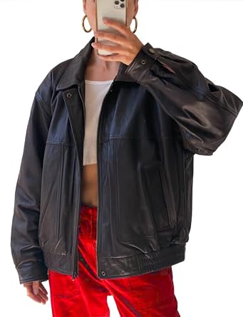 Women 90s Oversize Bomber Genuine Leather Straight Casual Wear Moto Jacket US, Alpha, X-Large, Regular, Regular, Black