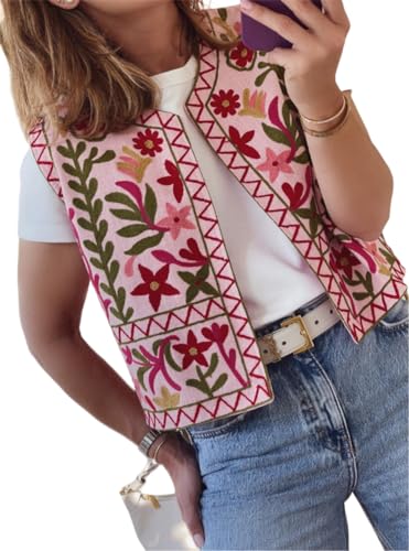 WOWARKI Embroidered Floral Vest Women Y2k Sleeveless Open Front Waistcoat Embroidery Boho Cropped Vest Coquette Outerwear