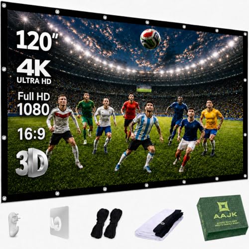 AAJK Outdoor Projector Screen 120 inch, Washable Projector Screen 16:9 Foldable Anti-Crease Portable Projector Movies Screen for Home Theater Outdoor Indoor Support Double Sided Projection