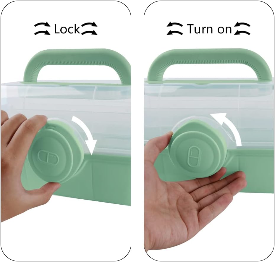 Medicine Storage Containers 3-Tier Fold Tray Plastic Medical Supply Organizer with Removable Pill Case & Handled, Empty Family First Aid Box for Medicine, Art, Family Emergency Kit [Green]