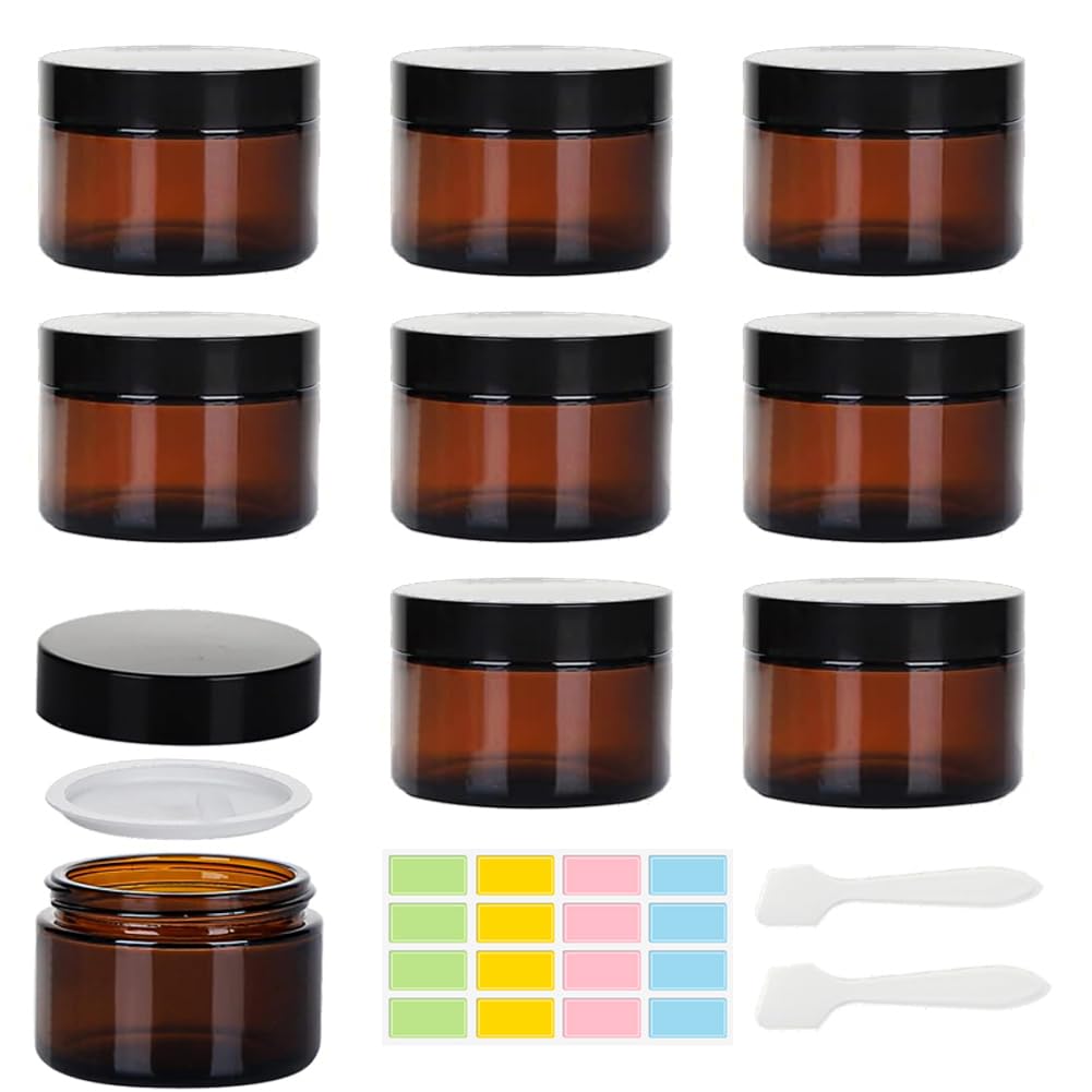 Amber Glas Leerdose, 9 Stück Salbentiegel 30ml Creme Behälter mit 2 Spatel und Aufkleber, Kosmetik Behälte, Cremedosen zum befüllen von Kosmetika, Lotionen, Cremes