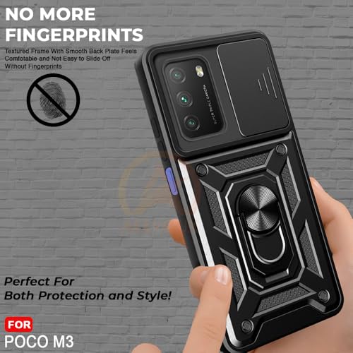 Image of AESTMO Tough Armor Poco M3 / Redmi 9 Power Bumper Back Case Cover | Ring Holder & Sliding Camera Shield Cover | 360 Degree Protection Back Case Cover for Poco M3 / Redmi 9 Power (Black)