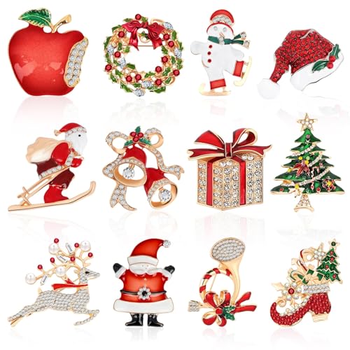 Image of 12PCS Christmas Brooches, Rhinestone Crystal Pins for Women | Christmas Trees Snowman Socks Design, Sparkling Christmas Jewelry Gift for Girls, Holiday Party Ladies Accessories