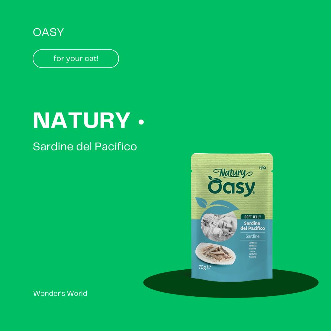 OASY Gato Natural • Sardinas del Pacífico | Alimento húmedo complementario para gatos adultos, producto sin colorantes ni conservantes añadidos, en gelatina, 12 sobres de 70 gramos cada una.