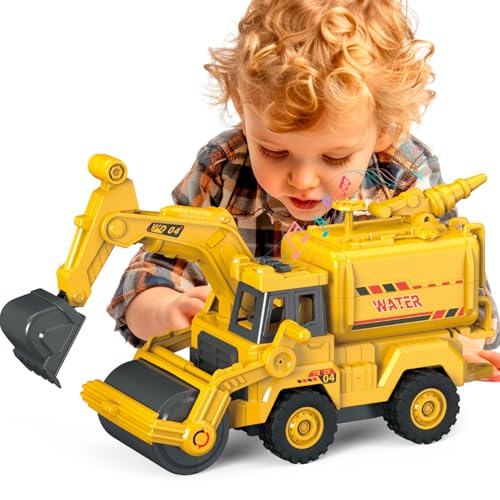 Image of 3-in-1 Construction Truck Toy, Excavator & Road Roller Combo with Water Spray Function, Inertia-Powered Push-and-Go, Working Digger Arm & Rolling Drum, Outdoor Sandbox Vehicle for Boys Girls Age 3+