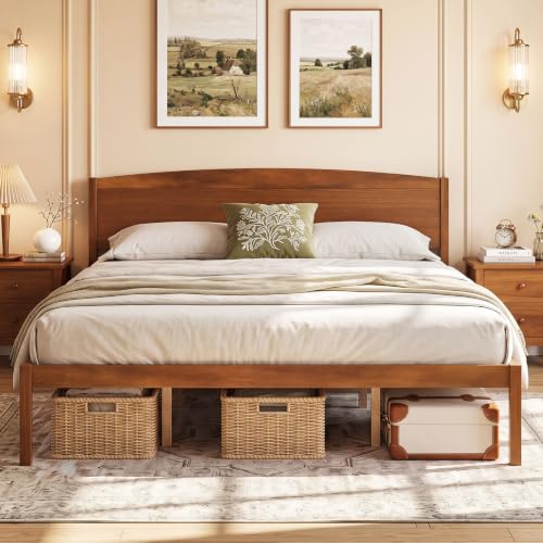 Image of GIANTEX King Size Wooden Bed Frame with Curved Headboard, Wood Slat Support