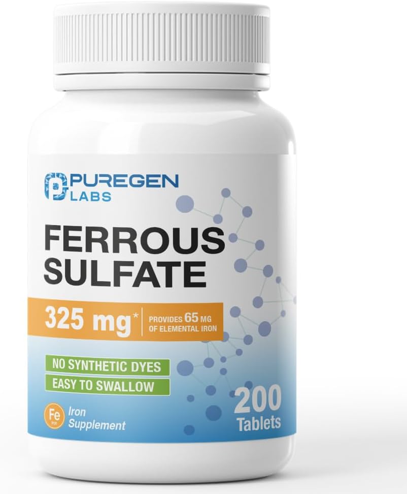Puregen Labs Ferrous Sulfate 325 mg (65 mg Elemental Iron) High Potency Iron Supplement | No Artificial Color Additives – 200 Tablets