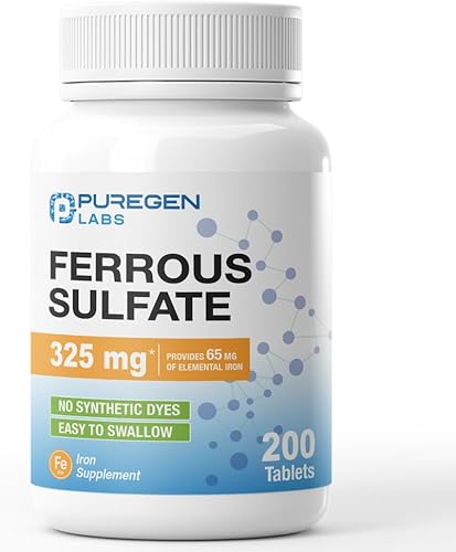 Puregen Labs - Suplemento de hierro de alta potencia con sulfato ferroso de 325 mg (65 mg de hierro elemental), sin aditivos de color artificial,
