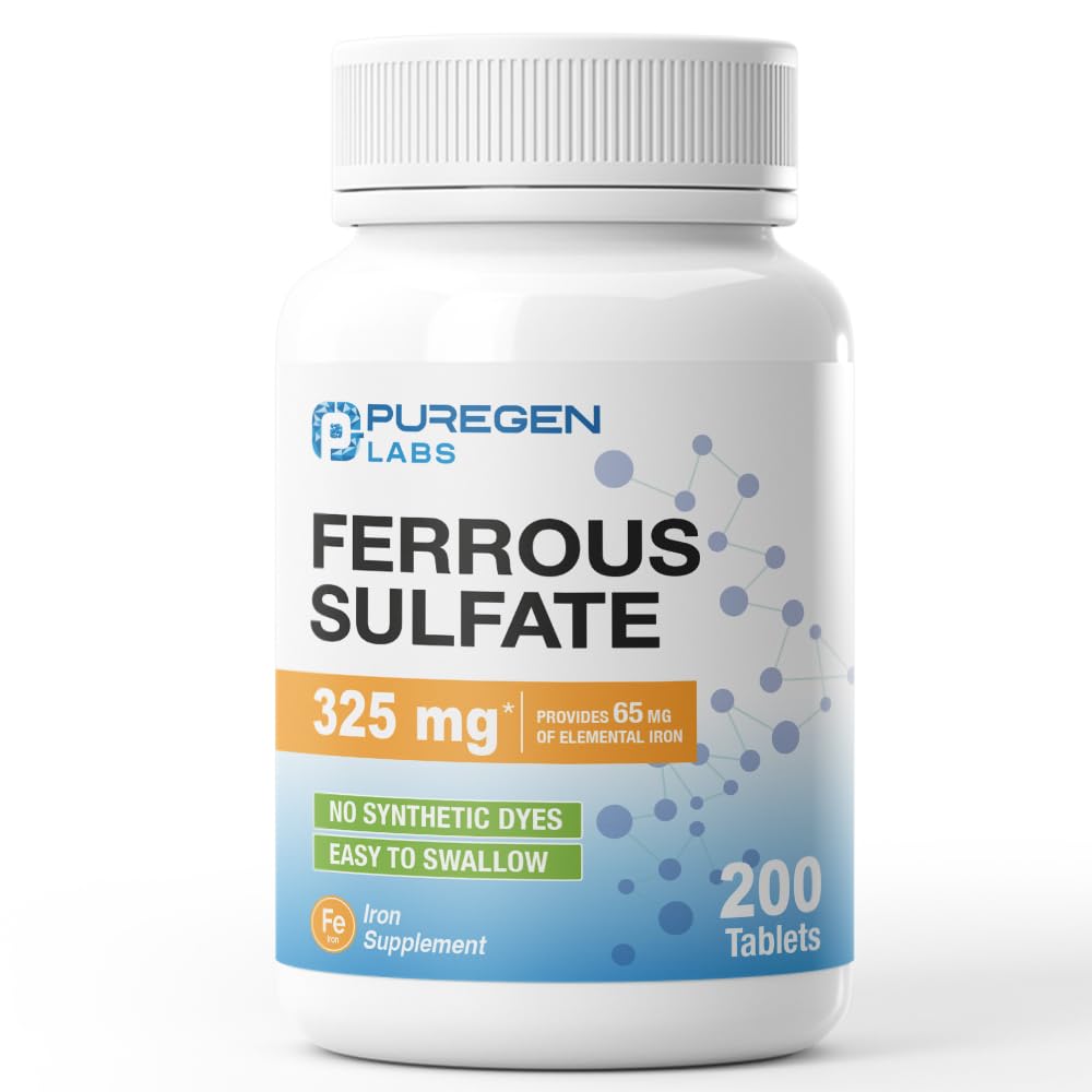 Puregen Labs Ferrous Sulfate 325 mg (65 mg Elemental Iron) High Potency Iron Supplement | No Artificial Color Additives - 200 Tablets