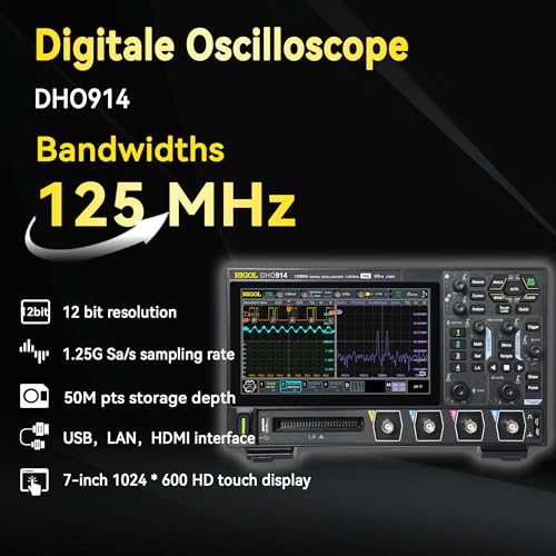 Image of RIGOL Digital Oscilloscope DHO914 125 MHz 4-Ch + 16 Digital 1.25 GSa /s 12-bit 50 Mpts UltraAcquire 1,000,000 wfms /s 7 inch Touch LAN /USB /HDMI Web Control SCPI for Power Ripple MCU Bus