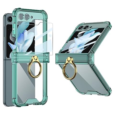 PUROOM for Samsung Galaxy Z Flip 5 Case Hinge Protection Luxury Soft Transparent with Ring Holder Built-in Screen Protector All-Inclusive Shockproof Cover (Green) Cover