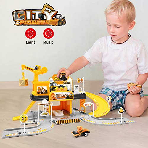 Construction Toys Garage Building Playset - Race Track Elevator Cars, Learning Toy Vehicle Indoor Games Family Assembly Parking Lot, Light & Sounds Gift for Age 3 4 5 6 Years Old Kids Boys Girls