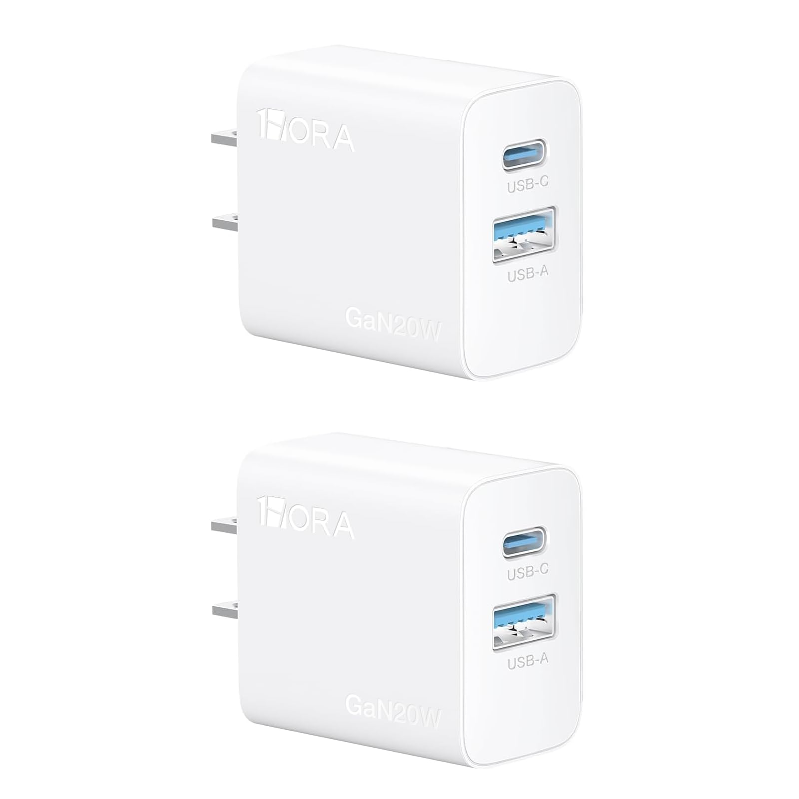 1 Hora 2 Pack Cargador Tipo C 20W con 2 Puertos USB C+USB A Carga Rápida