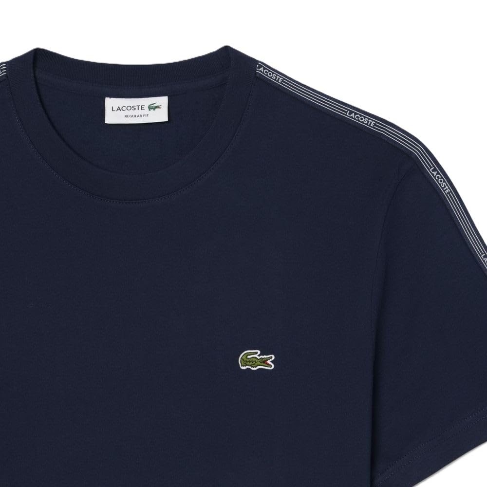 Lacoste Camiseta de Manga Corta para Hombre, Algodón 100%, Azul Marino, Cuello Redondo, Raya en Hombros, Regular Fit