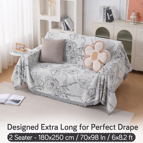 Image of HOKIPO 320 GSM Chenille Sofa Throw Blanket for 2 Seater Sofa - Printed All-Season Sofa Cover, 'Serene Abode Series' White Rose Garden (180x250 cm) (AR-6632-D1)