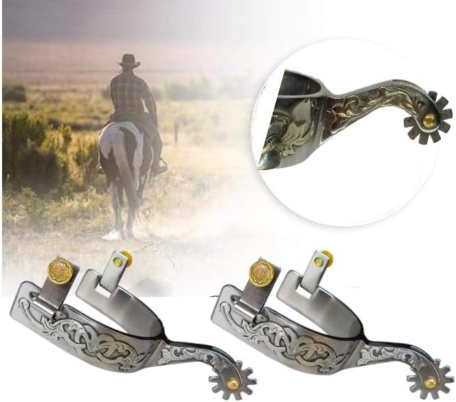 Western Cowboy Stainless Spurs, Paired with Cowhide Holes Spurs Belt, Spurs German Silver Decorative Plate with Gear and Copper Cap Buckle, MP1229-02