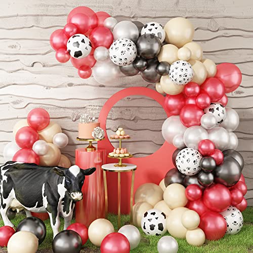 Kit de arco de globos rojo negro 87 piezas de globos de albaricoque kit de guirnalda de globos de fiesta impresos de vaca de pata de animal para niños granja de cumpleaños baby shower decoraciones