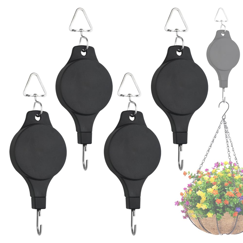 TOVOT 4PCS Retractable Hanging Basket Pulley Heavy Duty Hanging Basket Hooks Adjustable Pulley for Plant Light Crafts (Black, 85CM Rope)