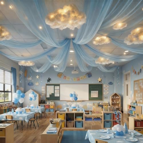 VioraWhite 15 Pcs Blue Sky White Cloud Ceiling Decor 8 Pcs 60x12 ft Blue Sky Backdrop 6 Artificial Cloud 3D Cotton for DIY Classroom Hanging Ornament Birthday Wedding Nursery Room with Light String