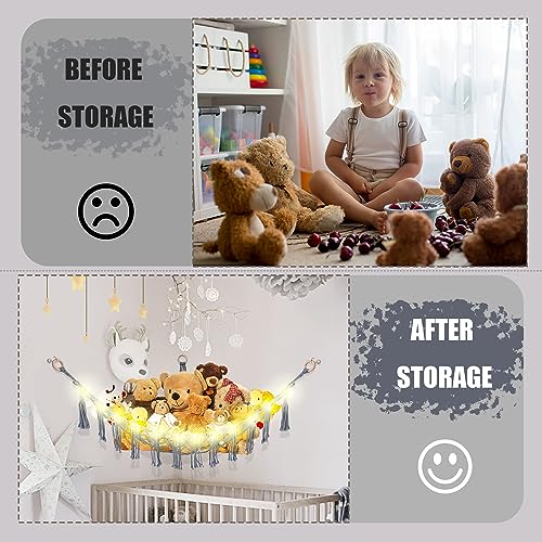 Image of CERETIA Stuffed Animal Hammock with LED Light, Large Stuffed Animals Storage Corner Plushie Net for Kids Room Decor, Grey