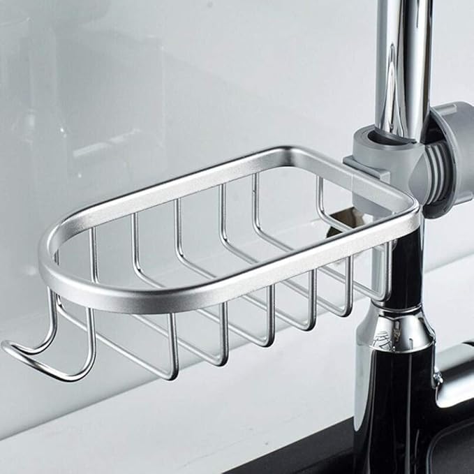 Kitchen Sink Drain Rack, Sponge Storage Faucet Holder, Soap Space Aluminum Drainer Shelf Basket Organizer, Bathroom Accessories (Silver)