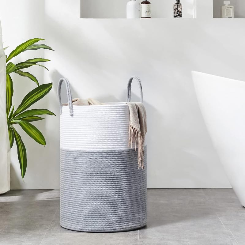 Image of SHAGCRAFT Storage Rope Laundry Hamper Basket for Clothes, Towels and Blankets in Livingroom, Bedroom, Laundry Room and Basket for Nursery Storage (Size - 15 inch x 15 inch x 18 inch) (Grey White)