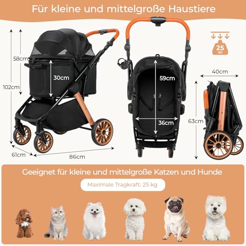MAMIZO Faltbarer Hundebuggy One-Touch, Faltbar Katzenwagen, Bis 25 kg, Aluminium-Carbonstahl-Gestell, Höhenverstellbarer Griff, Getränkehalter, 4 PCS 360° Gummiräder, für kleine Hunde Katz, Schwarz