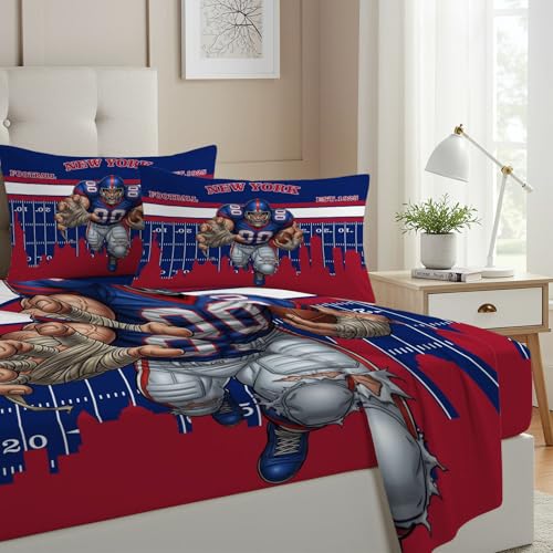 Allenjoy New York American Football Blue Honor Sheets Set with Fitted Sheet, Flat Sheet and 2 Pillowcases for Men Boys Fans Father Son Bedding Bedroom Decor, Queen Size