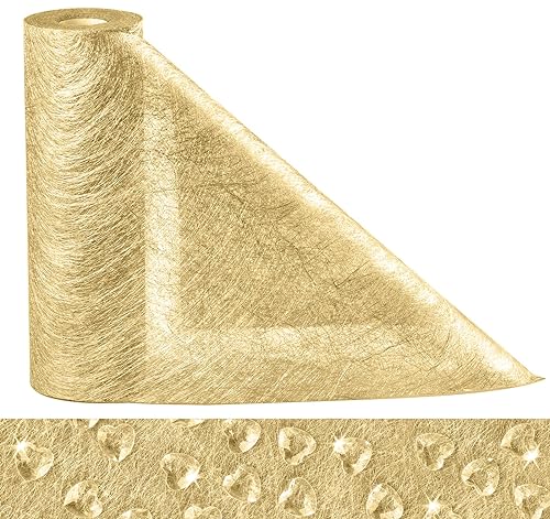 23cm x 30m Gold Table Runner Roll Metallic Gold Long Fiber Non-Woven Fabric 100% Polyester with 150 Heart Rhinestones Luxury Golden Wedding Table Runner for Party Afternoon Tea & DIY Craft