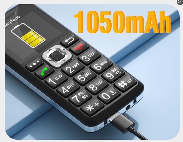 Easyfone T200 charging via USB cable, showing 1050mAh battery capacity.