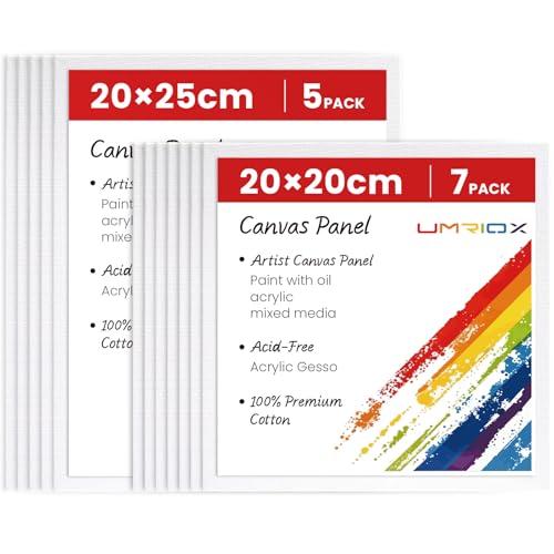 Umriox Canvas for Painting, Set of 12 Canvas Panels - 20x20cm, 20x25cm,CottonAcid-Free Blank Painting Canvases for Acrylic Paint, Oil Paint & Wet Water Art Media