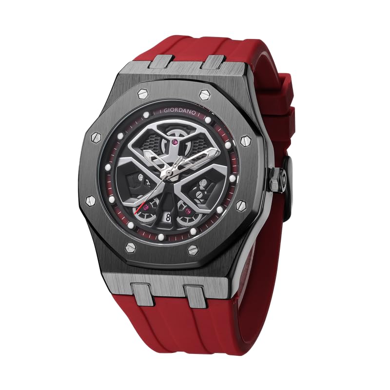 Giordano Analog Quartz Watch for Men with Skeleton-Style Octagonal Dial, Multi-Function Sub-Dials, Date Display, Brushed Metal Case, Water Resistant and Silicone Strap – GZ-50146