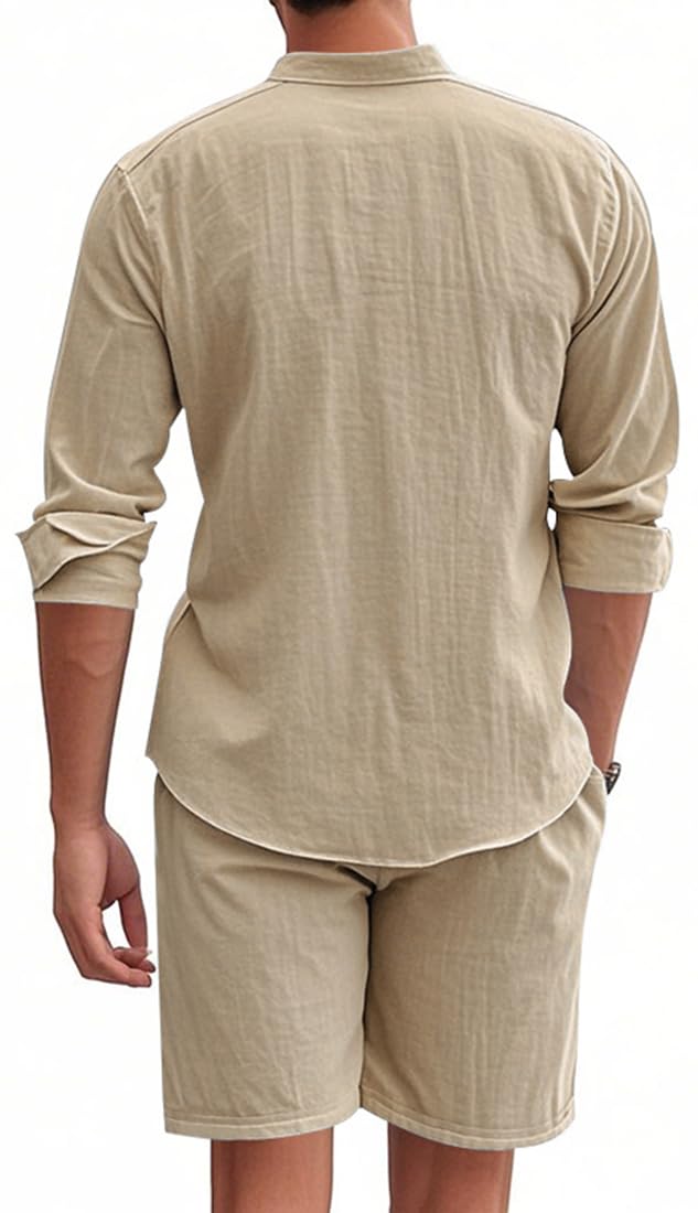 Chándal Hombre Lino 2 Piezas Camisa con Botones y Pantalones Cortos Verano Casual Playa