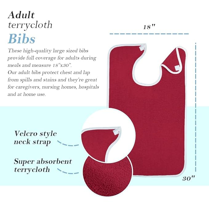 CUREPACK Adult Bibs - Waterproof Apron Set for Men, Women for Eating with Adjustable Strap - Washable Reusable Large Terry Cloth for Elderly, Seniors and Disabled | Red | Set of 1 - Image 5 thumbnail