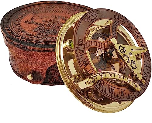 Authentic Gift Collection Antique Brass & Copper Sundial Compass & Clock Engraved Nautical Compass Antique Nautical Collectible Bronze Sundial Compass (Antique - Sun Clock Ship Replica Watch)