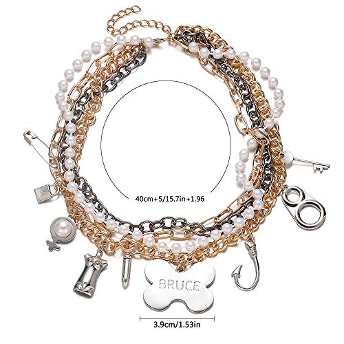 HANRESHE Cosplay Costume Accessories Gold Layered Chain Choker Multi Charm Pendant Pearl Chain Bruce Necklace for Women4