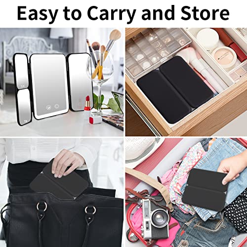 Touchfeel Travel Lighted Makeup Mirror, Rechargeable Lighted Vanity Mirror With 1X/3X/7X Magnifying, Portable Folding Tabletop Cosmetic Mirror With 3 Color Lights And Touch Sensor Design (Black) #TOP7