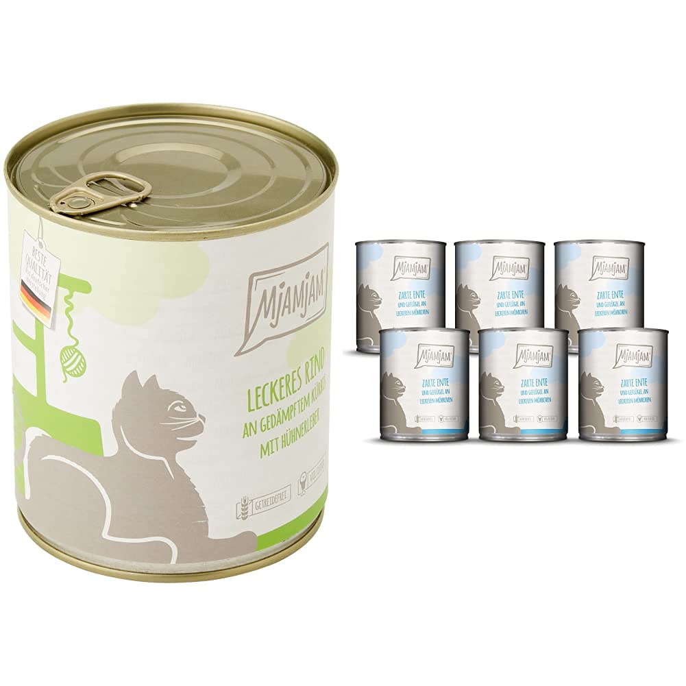 MjAMjAM - Premium Nassfutter für Katzen - leckeres Rind an gedämpftem Kürbis, 6er Pack (6 x 800 g) & Premium Nassfutter für Katzen - zarte Ente & Geflügel an leckeren Möhrchen, 6er Pack (6 x 800 g)