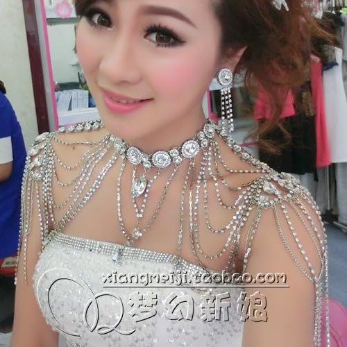 Women Wedding Silver Tone Clear Rhinestone Shoulder Chain Deco Bib Necklace