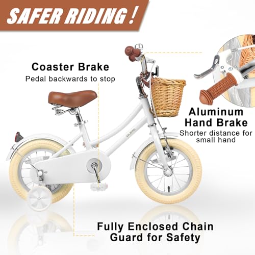 Image of Glerc Little Molly 12-20 Inch Kids Retro Cruiser Bike for 2-13 Year Old with Wicker Basket & Training Wheels /Kickstand, Multiple Colors