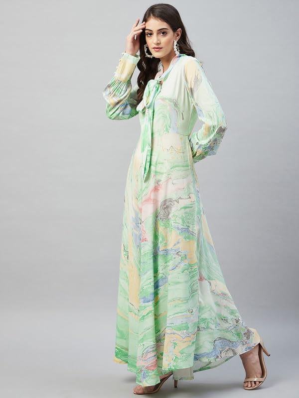 Image of Aaheli Women's Rayon Marbled Print Maxi Dress | Long Sleeve Tie-Neck A-Line Flared Dress | Casual, Party Western Outfit | Green
