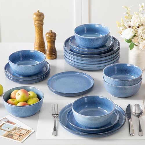 Steingut Geschirrset 6 Personen, vancasso ANYA Blau Teller Set Modern 18 teilig,Tafelservice mit Speiseteller, Desserttellern und Schüsseln, Geschirr Set Spülmaschinen und Mikrowellenfest