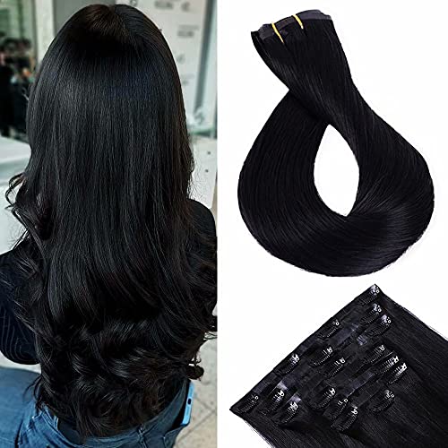 Maxfull Jet Black Seamless Clip In Remy Human Hair Extensions, Invisi-PU Human Hair Extensions Clip On, 7pcs, 16inch, 110g