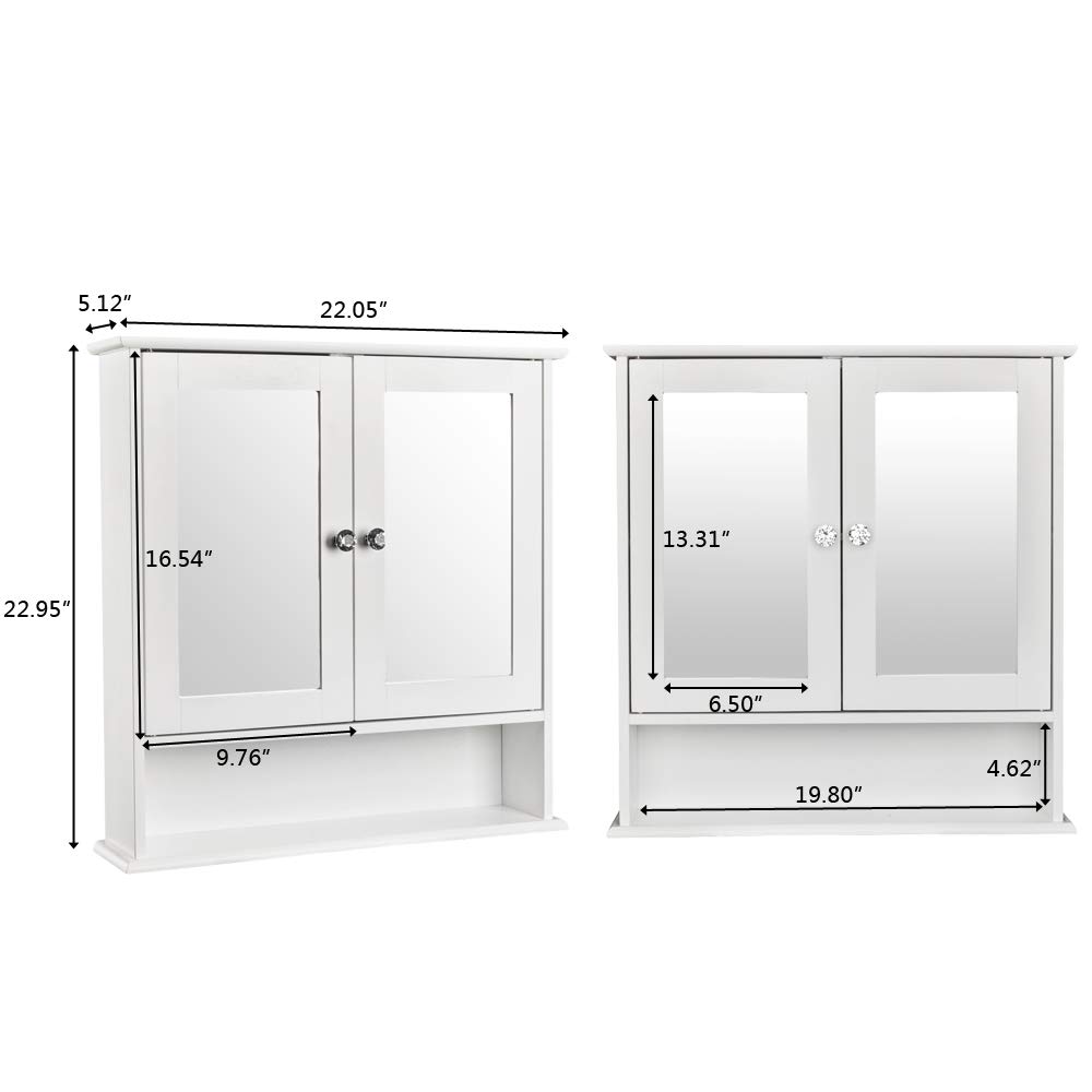 White Bathroom Cabinet - Medicine Cabinet with Mirror - Wall Mounted 2 Door Adjustable Shelf and Bottom Fix Shelves