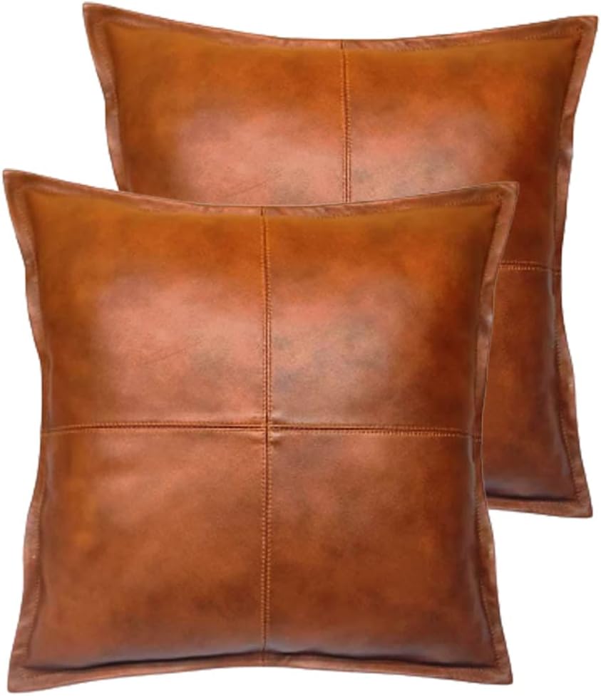 TOMJACK Lambskin Leather Pillow Cover - Decorative Sofa Cushion Case - Throw Covers for Living Room & Bedroom, 16" x 16" - Antique Brown Box Pack of 2
