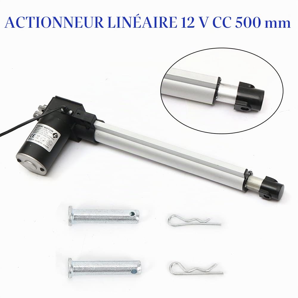 Actionneur linéaire 12 V CC - Moteur linéaire - 500 mm - Course : 600 kg - Traction : 400 kg - Classe de protection IP44